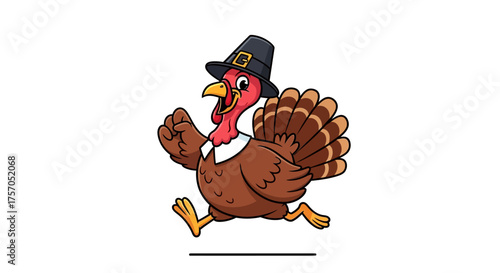 Happy cartoon turkey wearing a pilgrim hat running with excitement, perfect for Thanksgiving celebrations and fall festivities