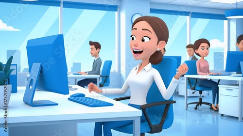 Cartoon Office Environment with Businesswoman working at a Computer