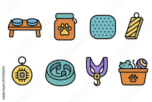Colorful pet accessories collection with bowls, toys, and treats