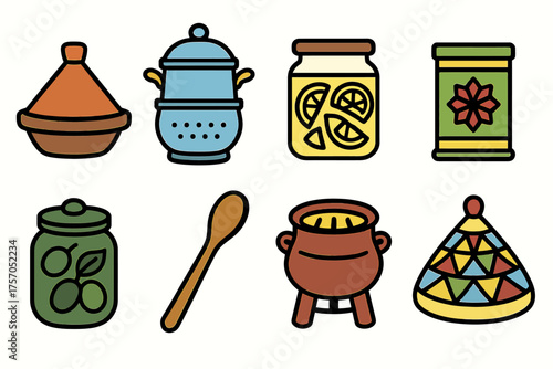 Colorful kitchen icons featuring cookware, preserves, and seasonings