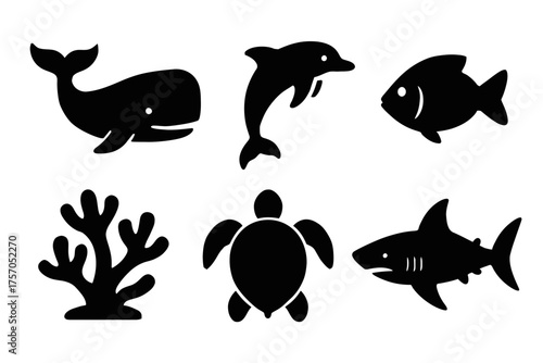 Silhouette collection of marine animals including whale, dolphin, fish, shark, turtle, and coral
