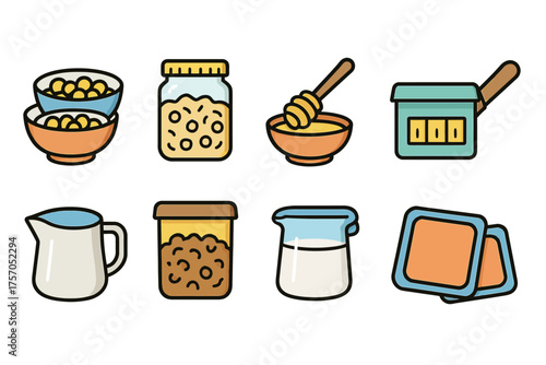 Illustration of various breakfast foods and containers with simple icons