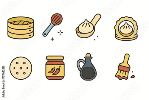 Colorful icons of asian cuisine: steamer, dumplings, pepper sauce, soy sauce, pastry brush