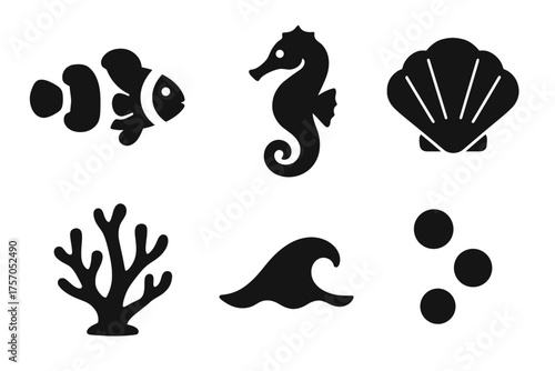 Marine life silhouettes: fish, seahorse, shell, coral, wave, bubbles