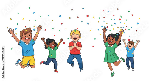 Joyful Celebration Diverse Children Throwing Confetti, Expressing Happiness and Delight