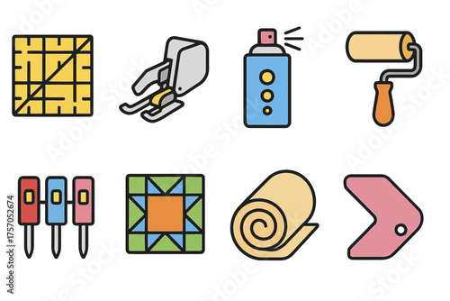 Colorful sewing and craft tools icons: patterns, sewing machine, spray, and more