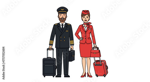 a pilot with a flight attendant in flight uniform vector icon