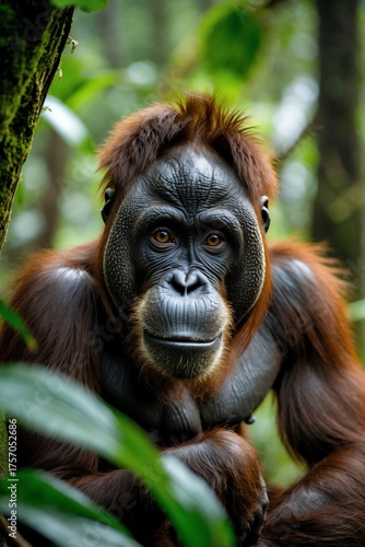 Intimate Portrait of an Orangutan in the Lush Rainforest Canopy