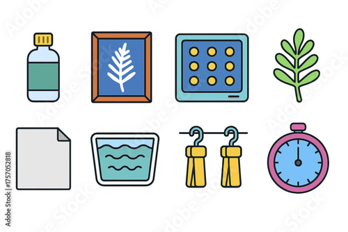 Illustrated set of everyday objects: medicine bottle, framed art, tablet, leaf, paper, water, towels, stopwatch