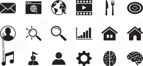 Assortment of black and white icons for digital and everyday concepts