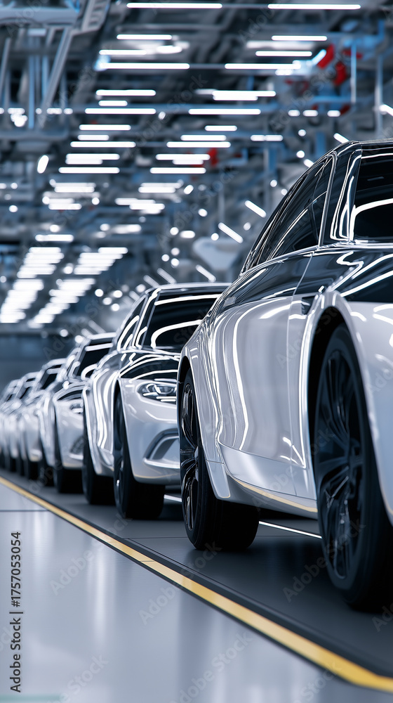 Row of sleek white cars on an automated production line inside a high-tech automotive factory.
