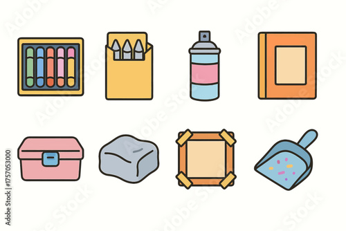 Colorful art tools and supplies: chalks, crayons, paint, notebook, box, eraser, canvas, dustpan