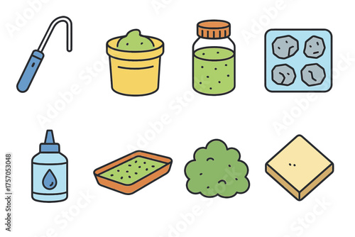 Set of eight colorful skincare and hygiene products illustrations