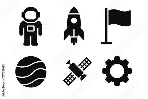 Space exploration icons: astronaut, rocket, satellite, and flag