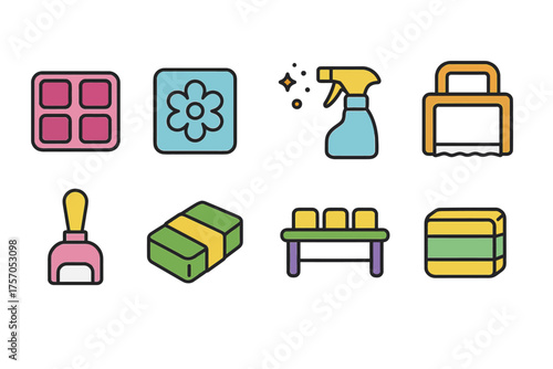 Colorful cleaning icons set with spray bottles and sponges