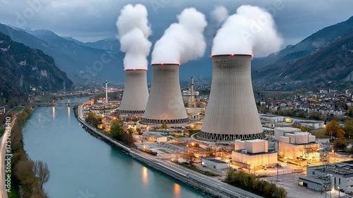 Wallpaper Mural Harnessing Power: A towering nuclear power plant stands as a symbol of modern energy production, with its cooling towers releasing plumes of steam against a backdrop of natural beauty. Torontodigital.ca