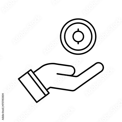 Hand offering a coin in a simple line art drawing on transparent background