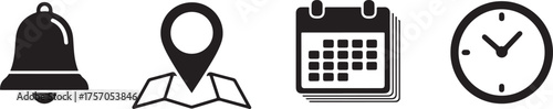 Black Icons Representing Bell, Map Pin, Calendar, and Clock