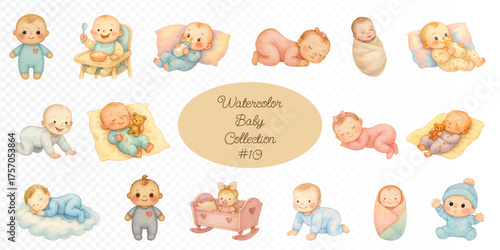 Watercolor baby clipart set with cute newborns and infants in soft pastel outfits, sleeping, crawling, and playing for nursery design, baby shower cards, and kids projects. Vector illustration.