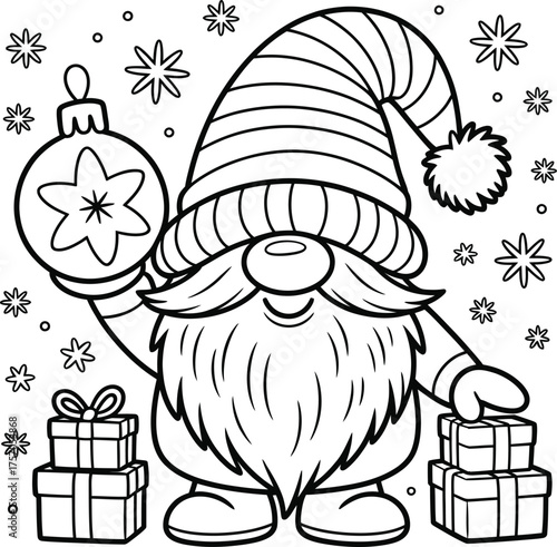 Charming gnome with gifts and ornament christmas coloring page for festive fun