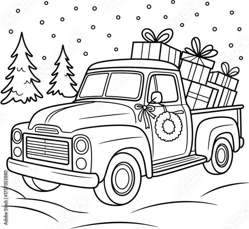Vintage christmas truck with gifts snowy scene festive holiday scene line art