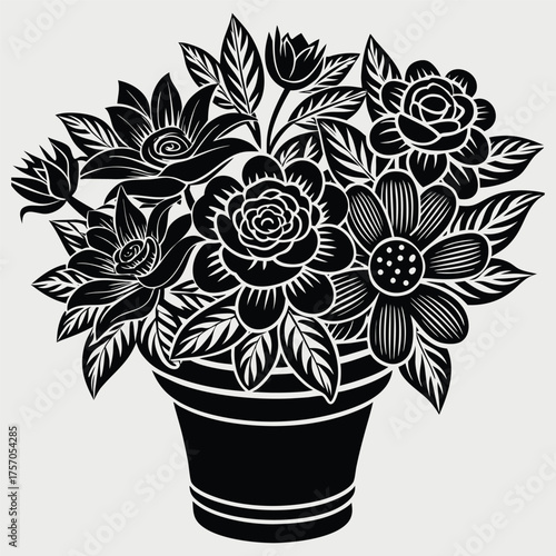 Bild auf Leinwand Elegant Black and White Floral Bouquet in Pot Decorative Vector Illustration,flo