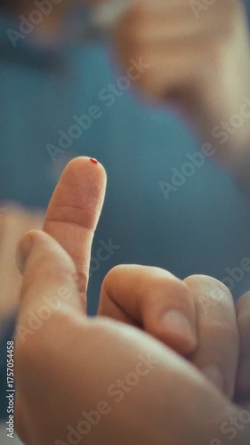 In a bathroom, a man examines his blood sugar by performing a finger prick test. He uses a device, showcasing a close-up view of the process and his hand