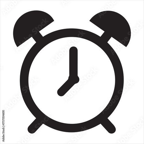 Black alarm clock icon with hands pointing to 7:00 on white background Keywords: alarm clock, time