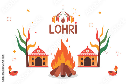 Lohri festival celebration scene featuring bonfire, traditional houses, and festive decorations for cultural event and winter solstice