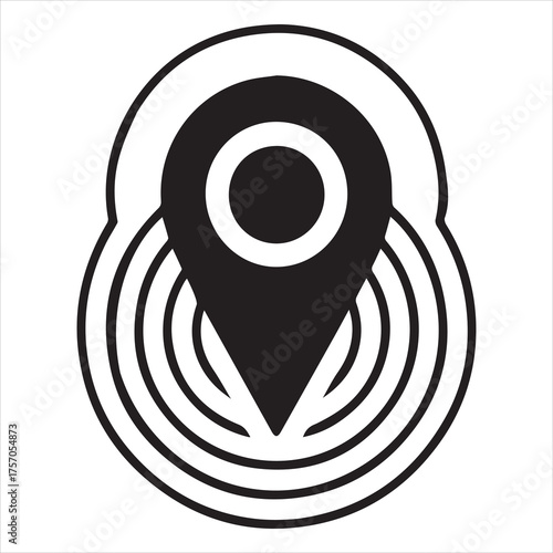 Black map pin location icon with concentric circles on white background marker