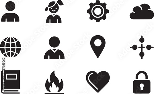 Collection of black silhouette icons for digital and abstract concepts