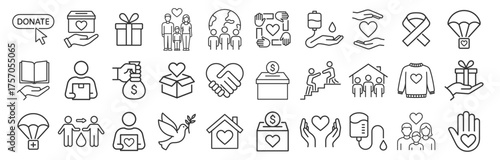 Charity and donation icon set. Volunteer, support, help and care symbols. Outline vector illustration on transparent background