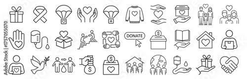 Charity and volunteering icon set. Donation, help, care, solidarity, and support symbols. Outline vector illustration on transparent background