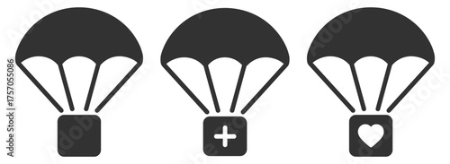 Charity and aid delivery icons. Parachute package with heart and cross symbol. Outline vector illustration on transparent background