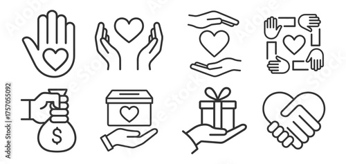 Charity and donation icon set. Hands with gift, box and heart symbols. Outline vector illustration on transparent background