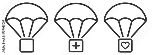 Charity and aid delivery icons. Parachute package with heart and cross symbol. Outline vector illustration on transparent background