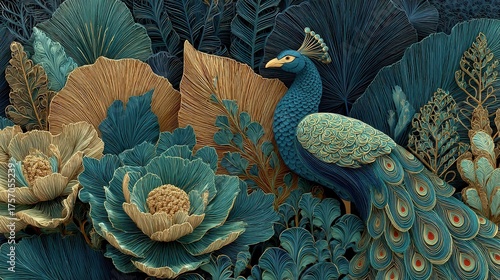 Fototapeta Naklejka Na Ścianę i Meble -  3D Modern Interior Mural Painting Wall Art Decor Abstraction Wallpaper with Blue, Dark Green and Golden Tropical Leaf Branches and Flowers with Feathers Peacock, Generative AI