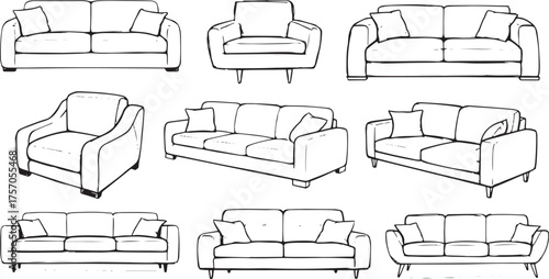 Collection of hand-drawn sofas and armchairs in outline style Keywords: sofa, couch, armchair