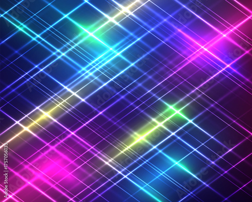 futuristic abstract background with neon laser beams in magenta cyan blue and green glowing diagonally on dark backdrop, vibrant electric pattern design for technology and digital innovation