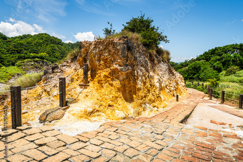 Trail view of Sulfur Valley Geothermal Scenic Area in Beitou of Taipei, Taiwan. Located within Yangmingshan National Park.
