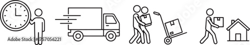 Four black outline icons for delivery and time management Keywords: icon, delivery, time, clock