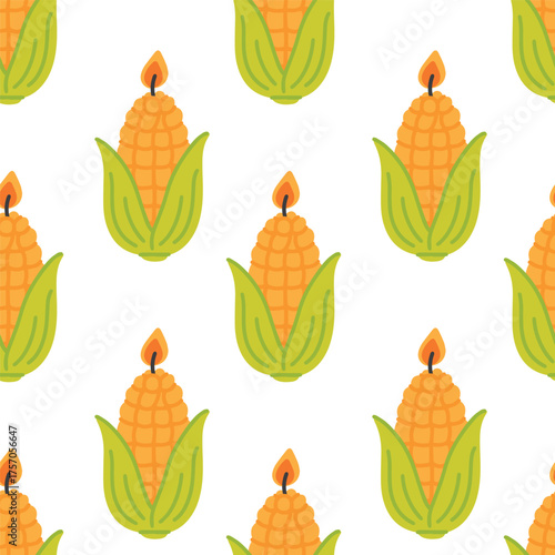 Seamless pattern with decorative yellow corn-shaped candles. Fun cozy background for festive design.