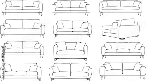 Line art drawings of various sofas and couches on white background Keywords: sofa, couch