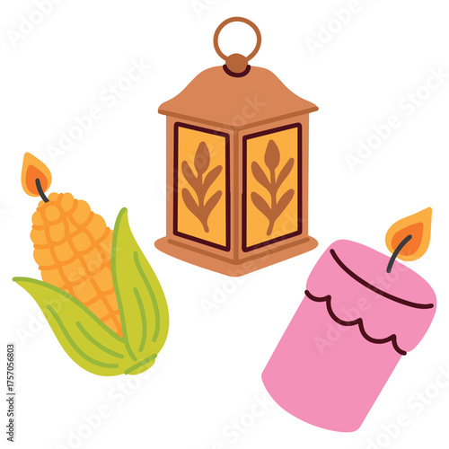 Decorative lantern, corn and pink candle glowing with warm flame bring cozy charm to seasonal celebration.