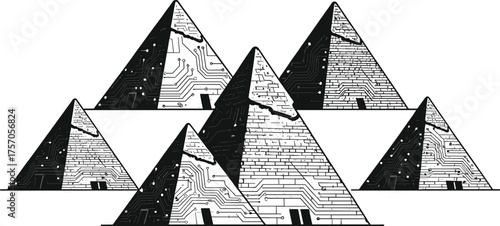 Futuristic pyramid illustration, ancient architecture, circuit board design, digital technology fusion, cultural heritage, modern innovation, symbolic structure,  