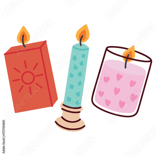 Decorative colorful candles with heart and sun pattern glow warmly, adding cozy and cheerful atmosphere.