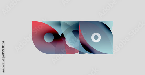 Abstract shapes overlap, creating colorful design. Blue, red hues dominate composition. Minimalist aesthetic, modern feel.
