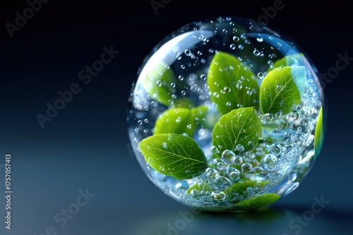 Green leaves surrounded by bubbles inside a transparent sphere, symbolizing freshness and environmental protection.