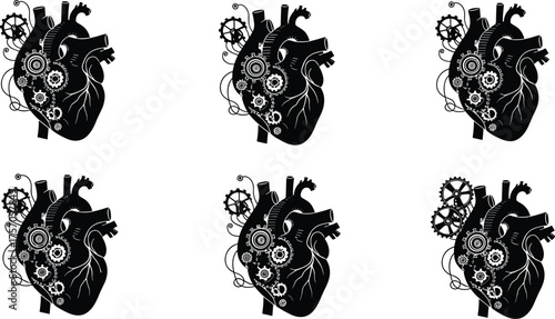 Steampunk heart illustration, biomechanical anatomy, cybernetic fusion, gears and cogs, mechanical organ, futuristic design, human augmentation, cyber concept, industrial fantasy art