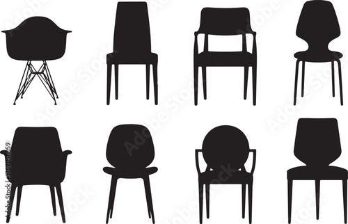 Silhouettes of eight distinct modern chairs furniture